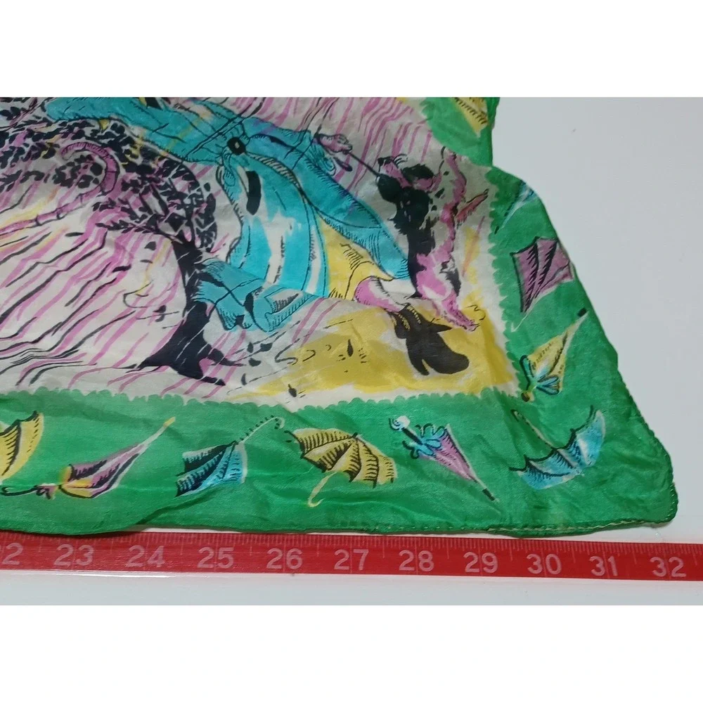 VTG Normandy Silk Scarf 32x32 Umbrella Novelty Print MCM Retro Dopamine Whimsy